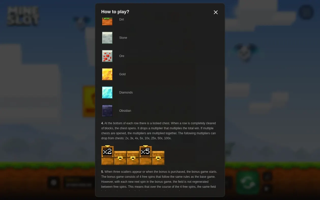 Pop-up guida con legenda blocchi da Dirt a Obsidian e scrigni che mostrano i moltiplicatori x2 e x5