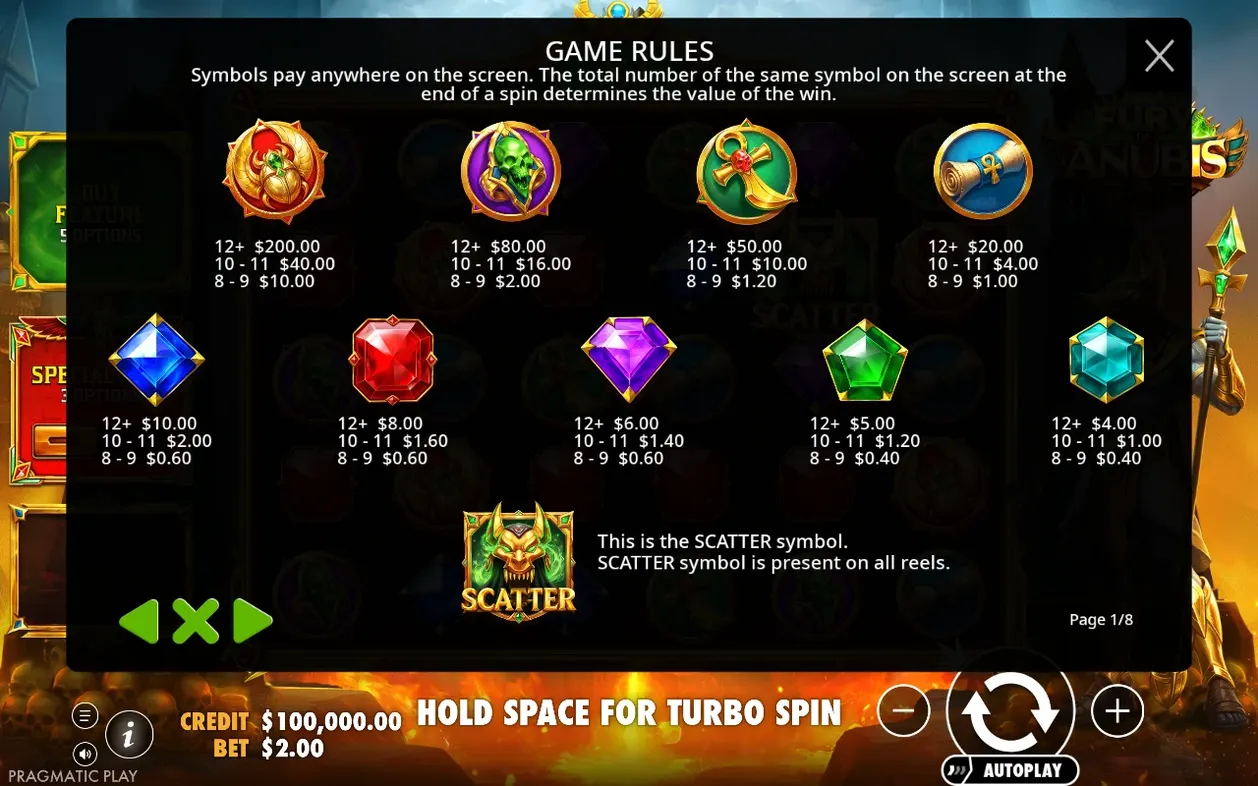 Regole di gioco pagina 1/8: valori di pagamento per simboli alti, gemme basse e descrizione del simbolo Scatter.