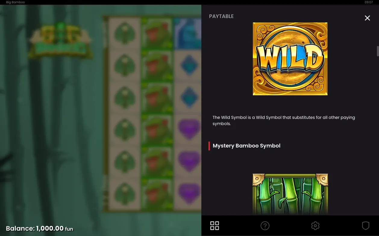 Popup del paytable con il simbolo Wild dorato e il titolo Mystery Bamboo Symbol sottostante.